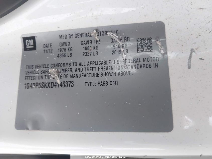 2013 Buick Verano VIN: 1G4PP5SKXD4146373 Lot: 43938392