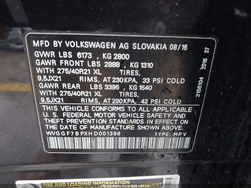 2017 Volkswagen Touareg V6 Executive VIN: WVGGF7BPXHD001396 Lot: 43938395