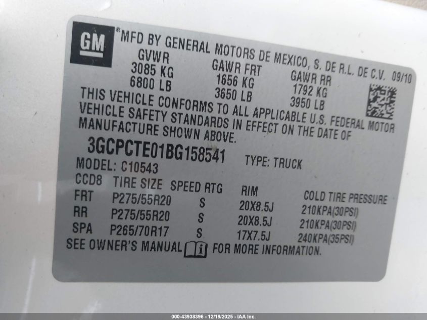 2011 Chevrolet Silverado 1500 Ltz VIN: 3GCPCTE01BG158541 Lot: 43938396