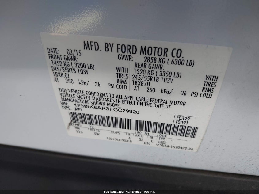 2015 Ford Utility Police Interceptor VIN: 1FM5K8AR3FGC29926 Lot: 43938402