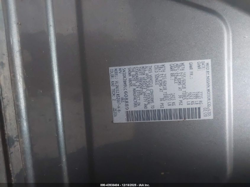 2020 Nissan Pathfinder Sv 4Wd VIN: 5N1DR2BM9LC608889 Lot: 43938404