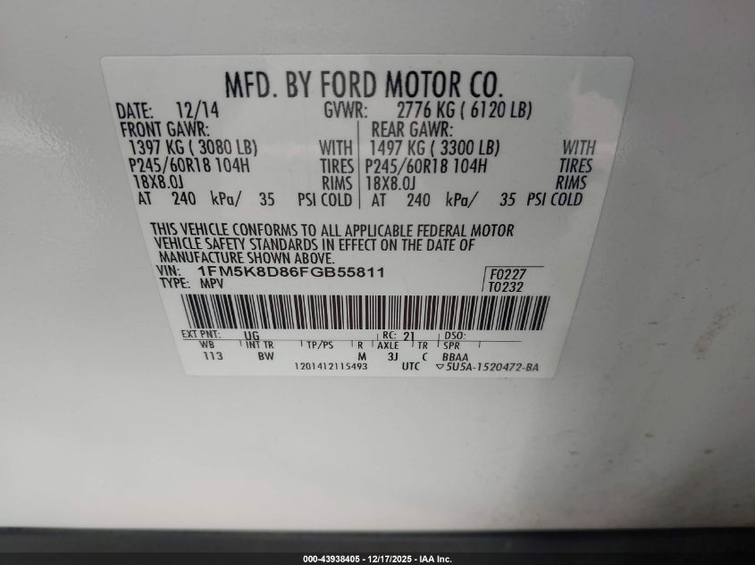 2015 Ford Explorer Xlt VIN: 1FM5K8D86FGB55811 Lot: 43938405