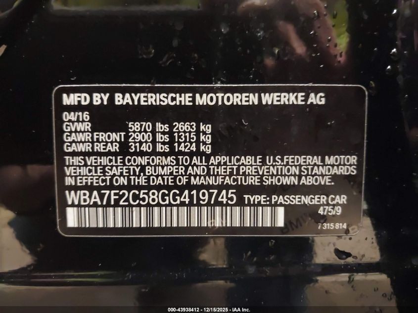 2016 BMW 750I xDrive VIN: WBA7F2C58GG419745 Lot: 43938412