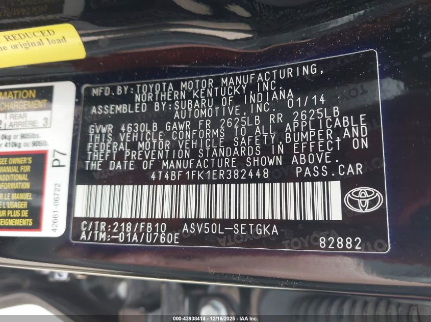 2014 Toyota Camry Xle VIN: 4T4BF1FK1ER382448 Lot: 43938414