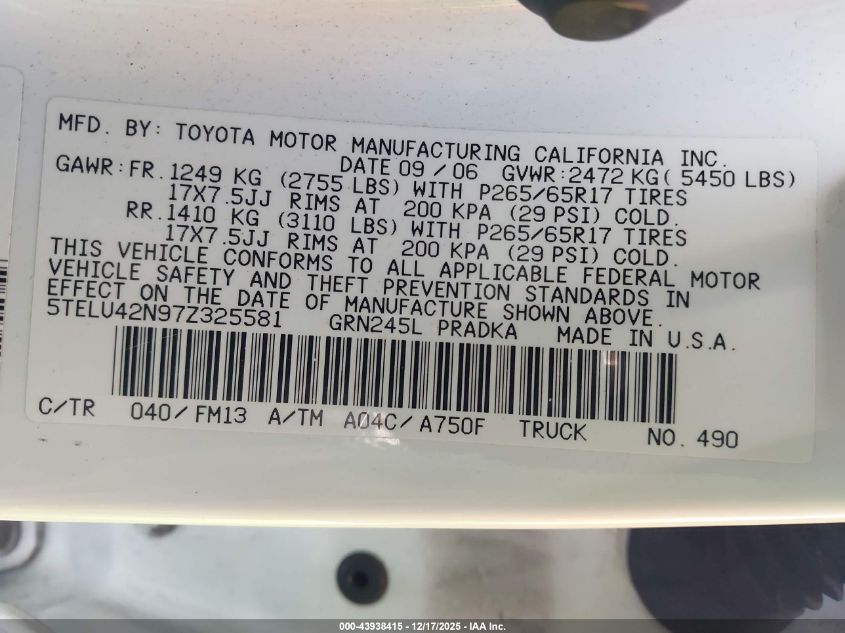 2007 Toyota Tacoma Base V6 VIN: 5TELU42N97Z325581 Lot: 43938415