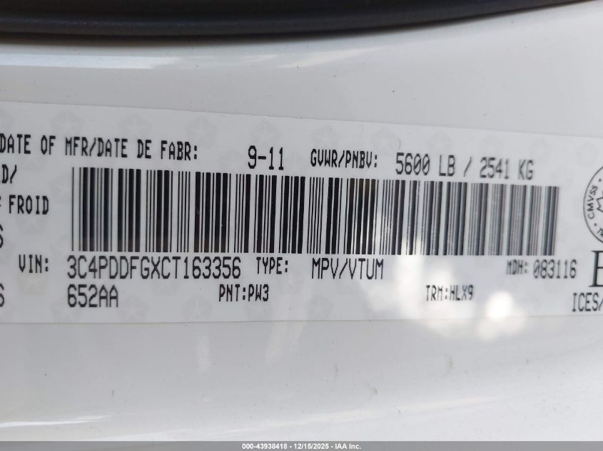 2012 Dodge Journey R/T VIN: 3C4PDDFGXCT163356 Lot: 43938418