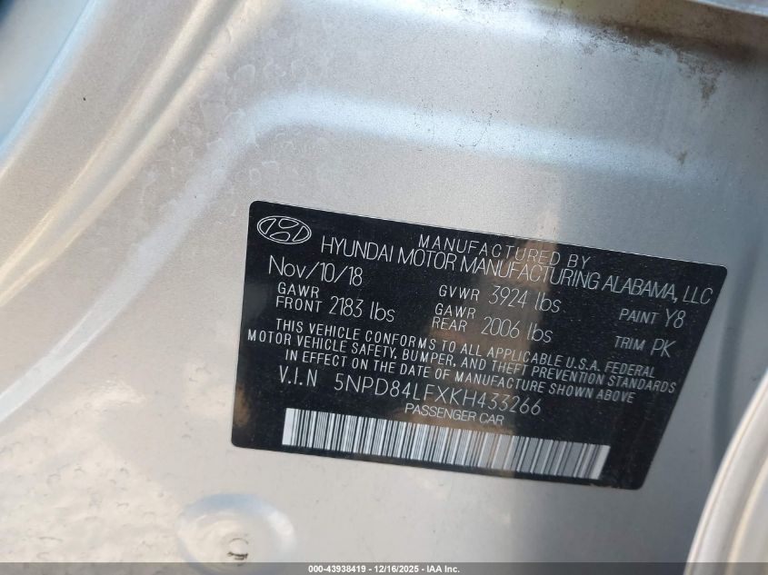 2019 Hyundai Elantra Value Edition VIN: 5NPD84LFXKH433266 Lot: 43938419