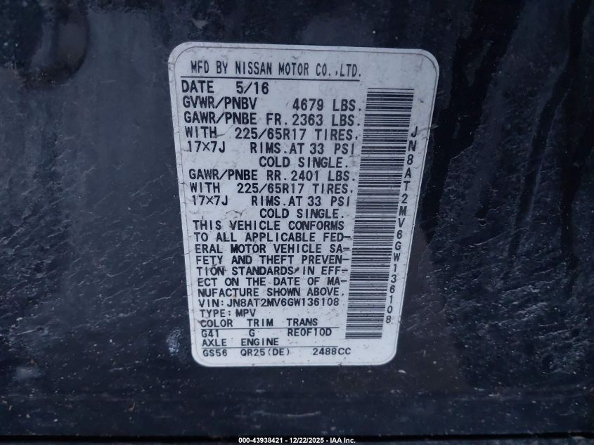 2016 Nissan Rogue S VIN: JN8AT2MV6GW136108 Lot: 43938421