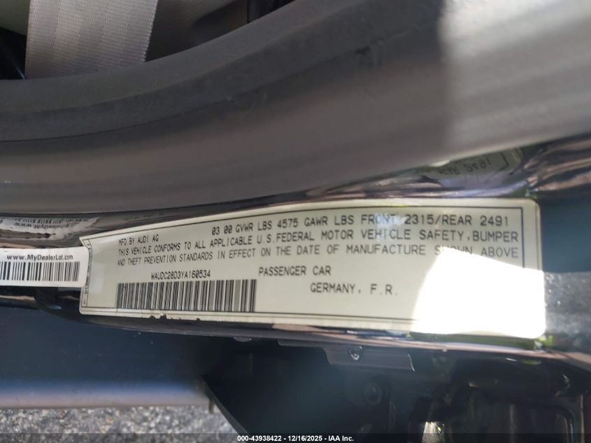 2000 Audi A4 1.8 T VIN: WAUDC28D3YA160534 Lot: 43938422