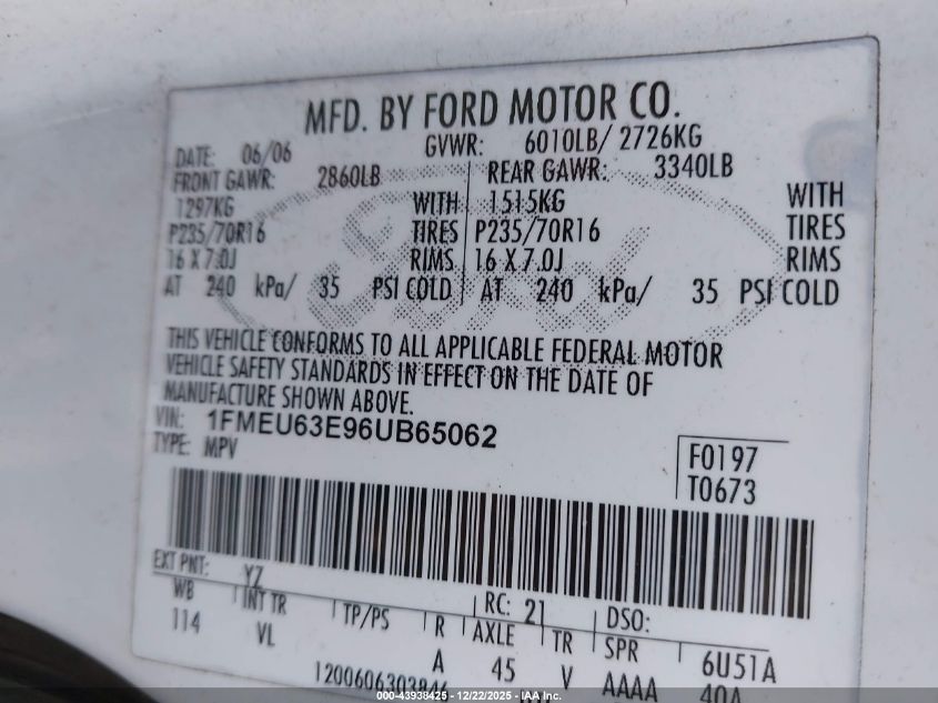 2006 Ford Explorer Xlt VIN: 1FMEU63E96UB65062 Lot: 43938425