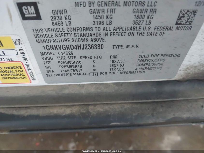 2017 Chevrolet Traverse 1Lt VIN: 1GNKVGKD4HJ236330 Lot: 43938427