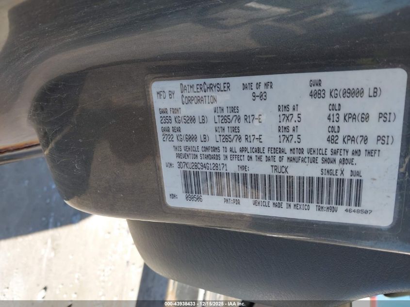 2004 Dodge Ram 2500 Slt/Laramie VIN: 3D7KU28C94G128171 Lot: 43938433