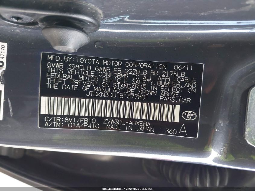 2011 Toyota Prius Two VIN: JTDKN3DU1B1377801 Lot: 43938436