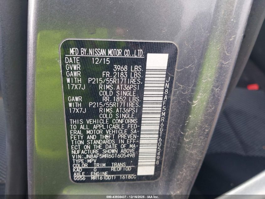 2016 Nissan Juke S VIN: JN8AF5MR6GT605498 Lot: 43938437