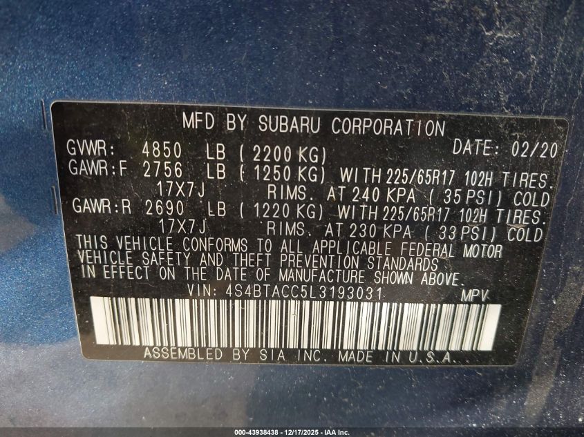 2020 Subaru Outback Premium VIN: 4S4BTACC5L3193031 Lot: 43938438