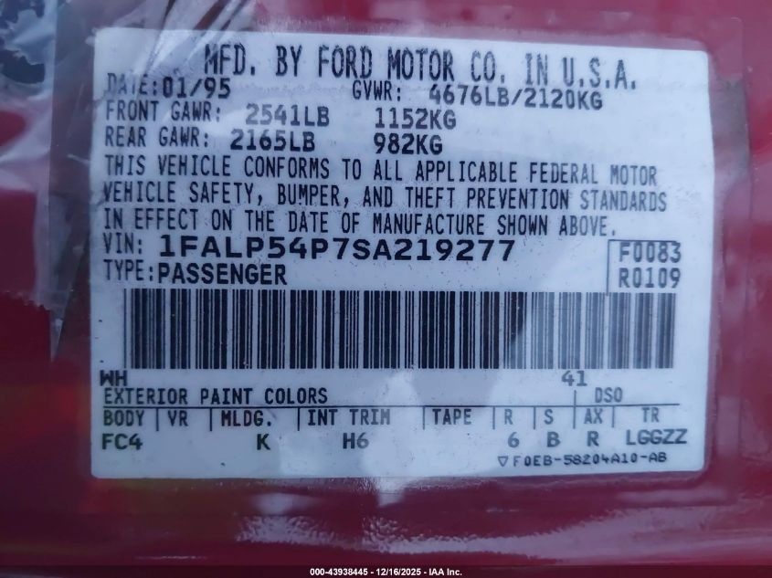 1995 Ford Taurus Sho VIN: 1FALP54P7SA219277 Lot: 43938445