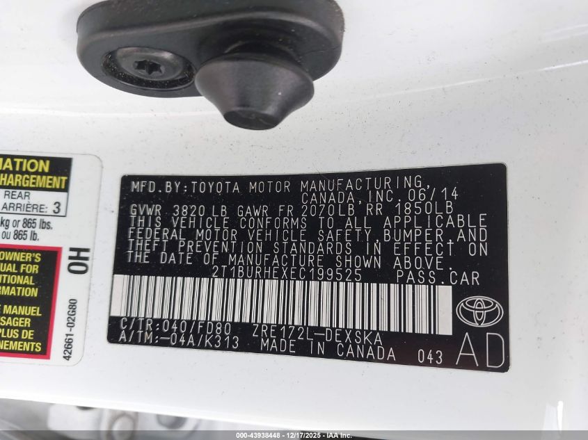 2014 Toyota Corolla S Plus VIN: 2T1BURHEXEC199525 Lot: 43938448