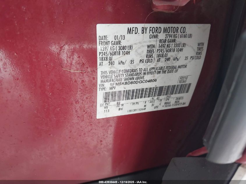 2013 Ford Explorer Xlt VIN: 1FM5K8D80DGC04806 Lot: 43938449