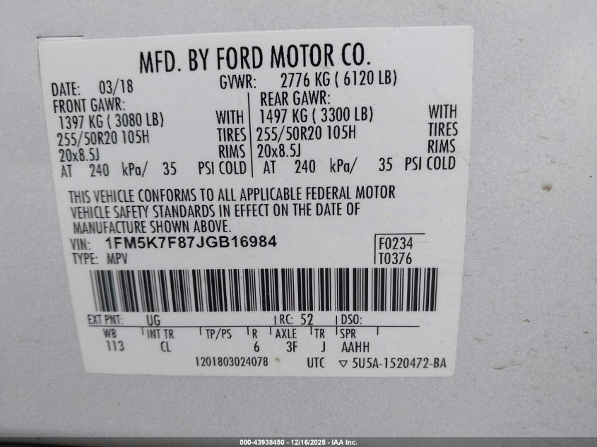 2018 Ford Explorer Limited VIN: 1FM5K7F87JGB16984 Lot: 43938450