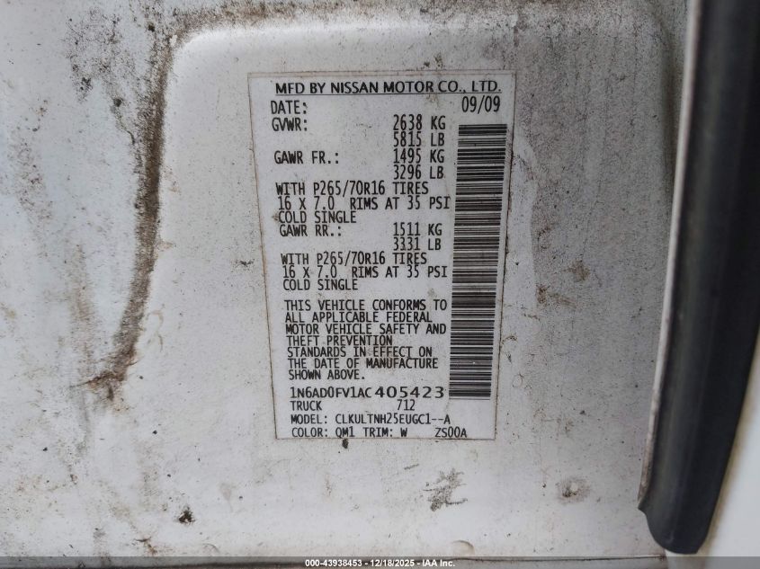 2010 Nissan Frontier Se VIN: 1N6AD0FV1AC405423 Lot: 43938453