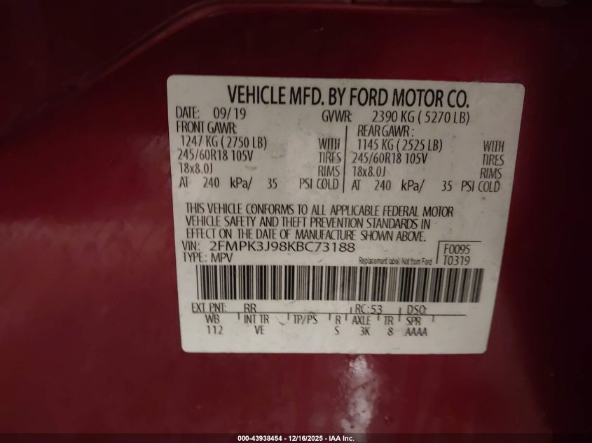 2019 Ford Edge Sel VIN: 2FMPK3J98KBC73188 Lot: 43938454