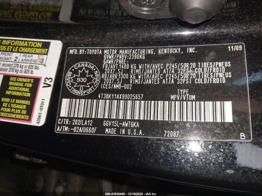 2009 Toyota Venza Base V6 VIN: 4T3BK11AX9U025657 Lot: 43938456