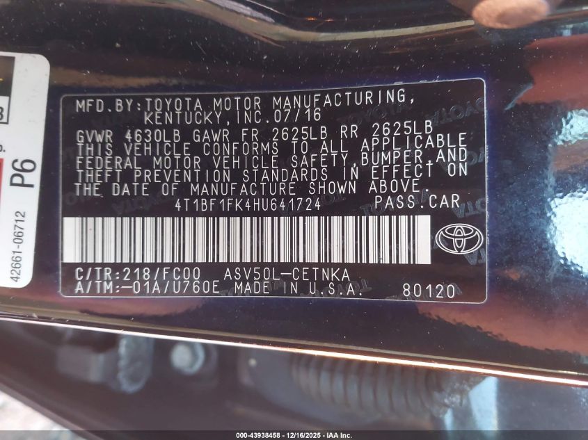 2017 Toyota Camry Le VIN: 4T1BF1FK4HU641724 Lot: 43938458