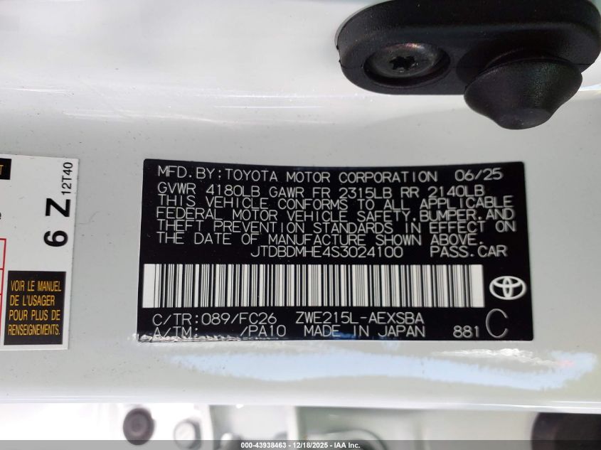 2025 Toyota Corolla Hybrid Se VIN: JTDBDMHE4S3024100 Lot: 43938463