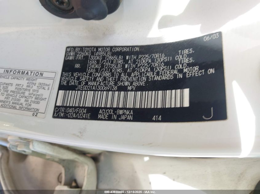 2003 Toyota Highlander VIN: JTEGD21A130069138 Lot: 43938465