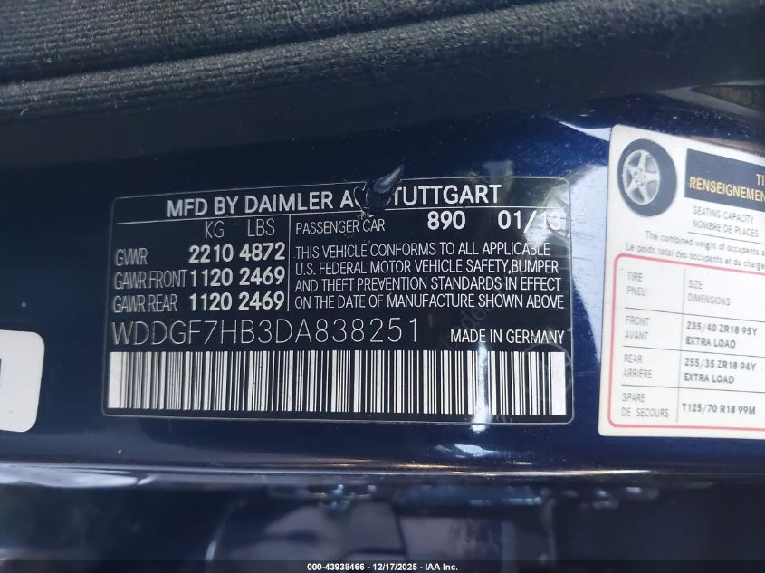 2013 Mercedes-Benz C 63 Amg VIN: WDDGF7HB3DA838251 Lot: 43938466