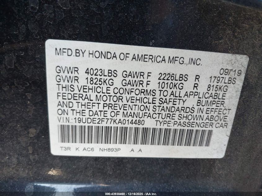 2019 Acura Ilx Premium Package/Technology Package VIN: 19UDE2F77KA014480 Lot: 43938468