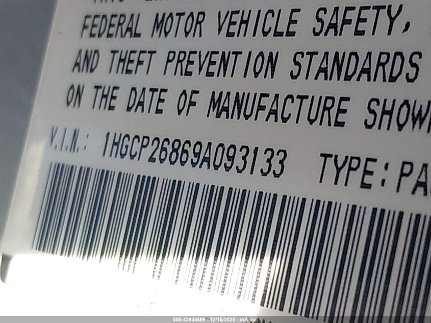2009 Honda Accord 2.4 Ex-L VIN: 1HGCP26869A093133 Lot: 43938469