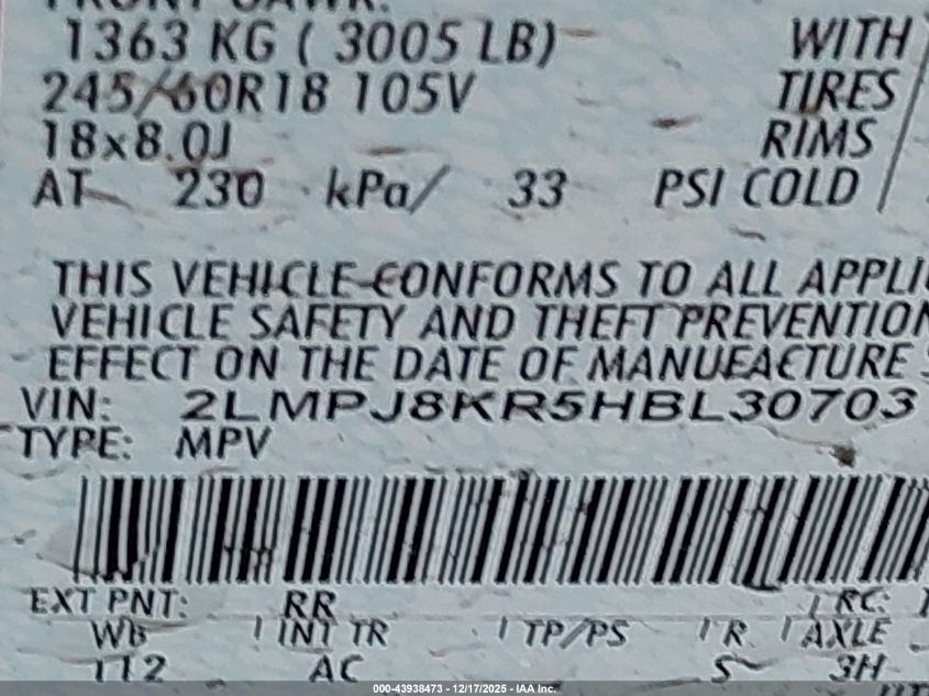 2017 Lincoln Mkx Select VIN: 2LMPJ8KR5HBL30703 Lot: 43938473