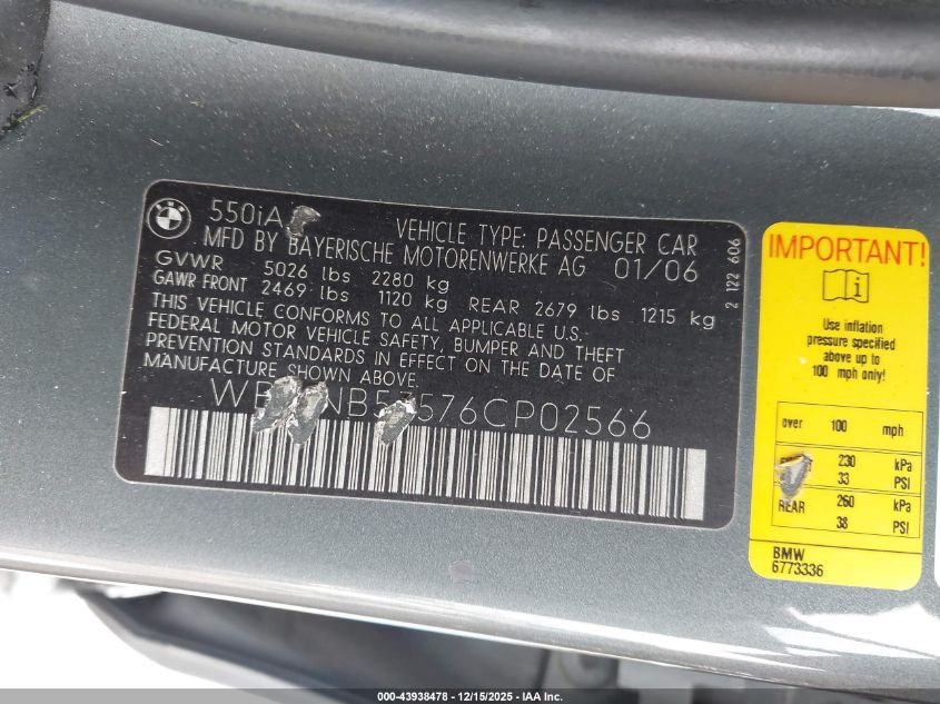 2006 BMW 550I VIN: WBANB53576CP02566 Lot: 43938478