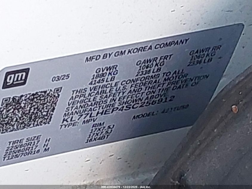 2025 Chevrolet Trax Fwd Lt VIN: KL77LHEP4SC256912 Lot: 43938479