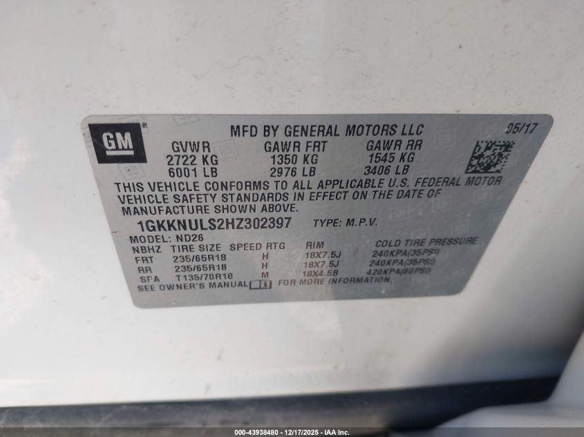 2017 GMC Acadia Slt-1 VIN: 1GKKNULS2HZ302397 Lot: 43938480