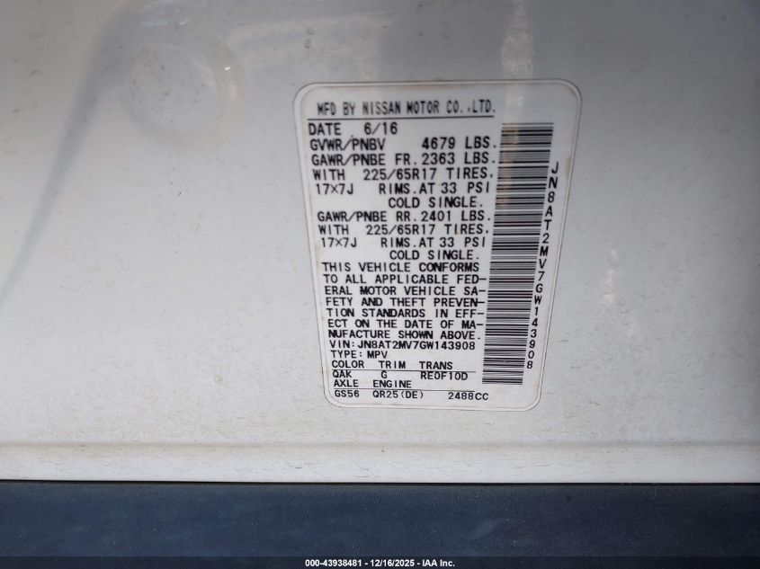 2016 Nissan Rogue S VIN: JN8AT2MV7GW143908 Lot: 43938481