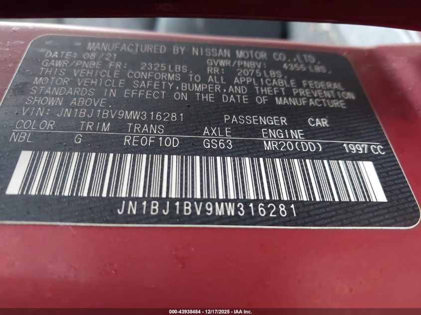 2021 Nissan Rogue Sport Sv Fwd Xtronic Cvt VIN: JN1BJ1BV9MW316281 Lot: 43938484