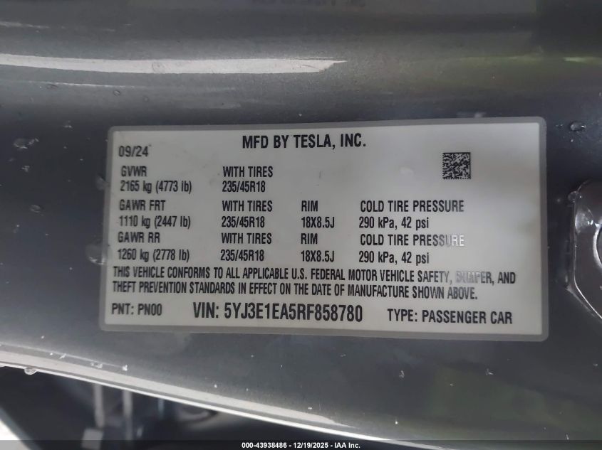 2024 Tesla Model 3 Long Range Dual Motor All-Wheel Drive/Rear-Wheel Drive VIN: 5YJ3E1EA5RF858780 Lot: 43938486