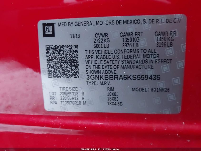 2019 Chevrolet Blazer VIN: 3GNKBBRA6KS559436 Lot: 43938488