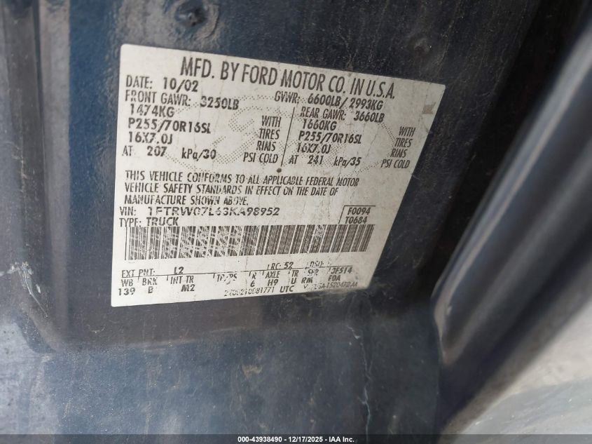 2003 Ford F-150 Lariat/Xlt VIN: 1FTRW07L63KA98952 Lot: 43938490