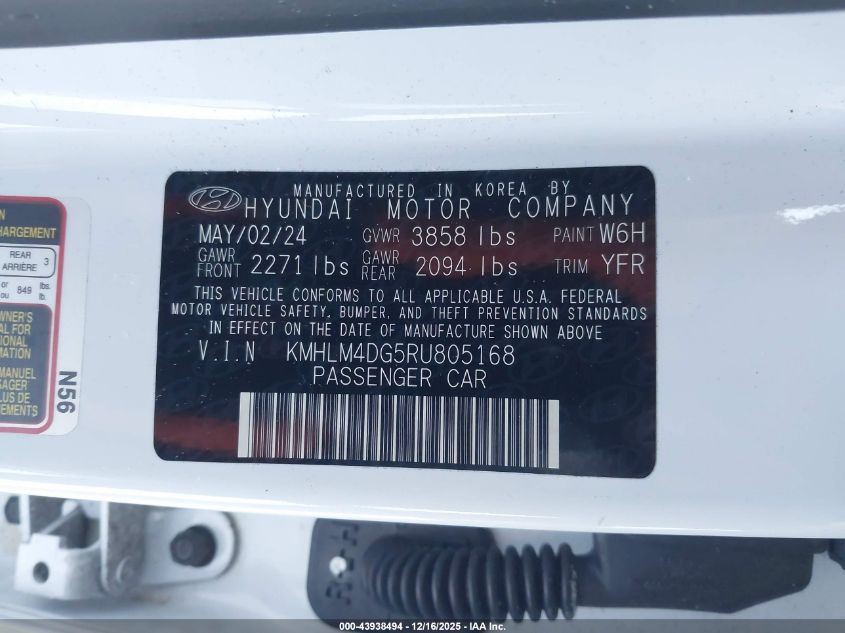 2024 Hyundai Elantra Sel VIN: KMHLM4DG5RU805168 Lot: 43938494