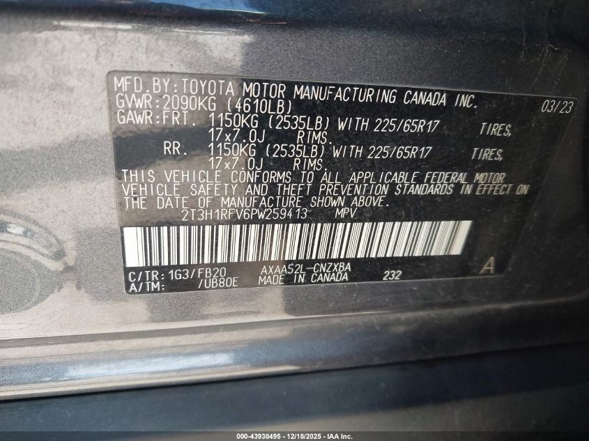 2023 Toyota Rav4 Le VIN: 2T3H1RFV6PW259413 Lot: 43938495