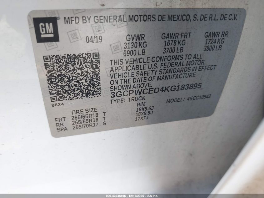 2019 Chevrolet Silverado 1500 Lt VIN: 3GCPWCED4KG183895 Lot: 43938496