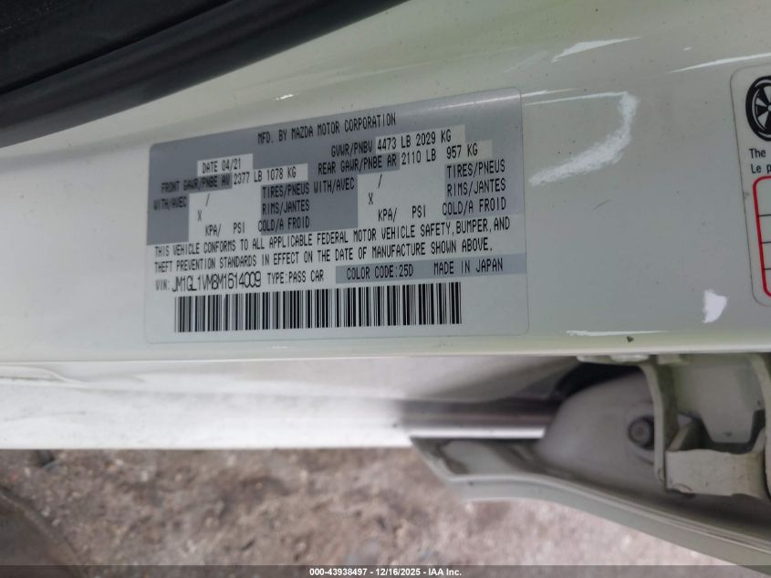 2021 Mazda Mazda6 Touring VIN: JM1GL1VM8M1614009 Lot: 43938497