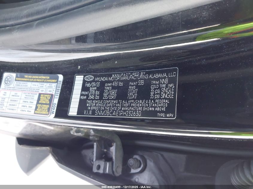 2023 Hyundai Tucson Sel VIN: 5NMJBCAE1PH232630 Lot: 43938499