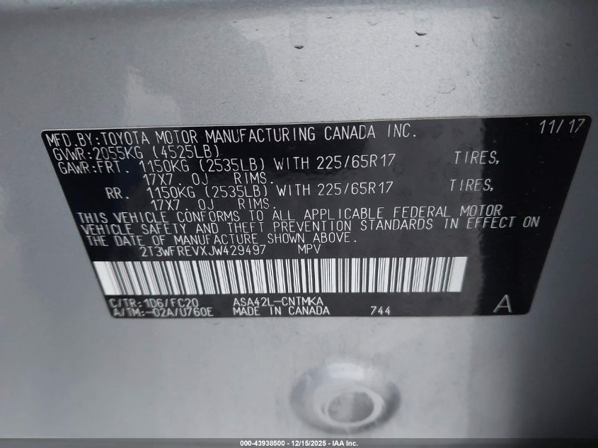 2018 Toyota Rav4 Xle VIN: 2T3WFREVXJW429497 Lot: 43938500