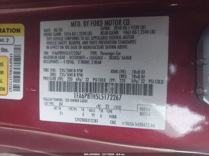 2020 Ford Mustang Ecoboost Fastback VIN: 1FA6P8TH5L5172267 Lot: 43938504