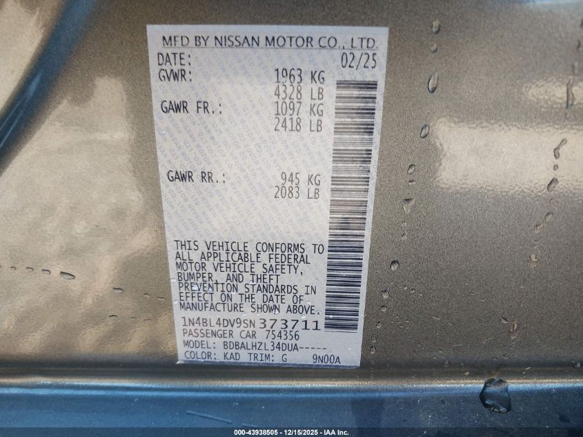 2025 Nissan Altima Sv Fwd VIN: 1N4BL4DV9SN373711 Lot: 43938505