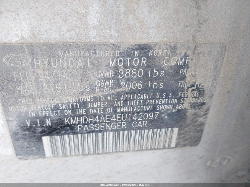 2014 Hyundai Elantra Se VIN: KMHDH4AE4EU142097 Lot: 43938506